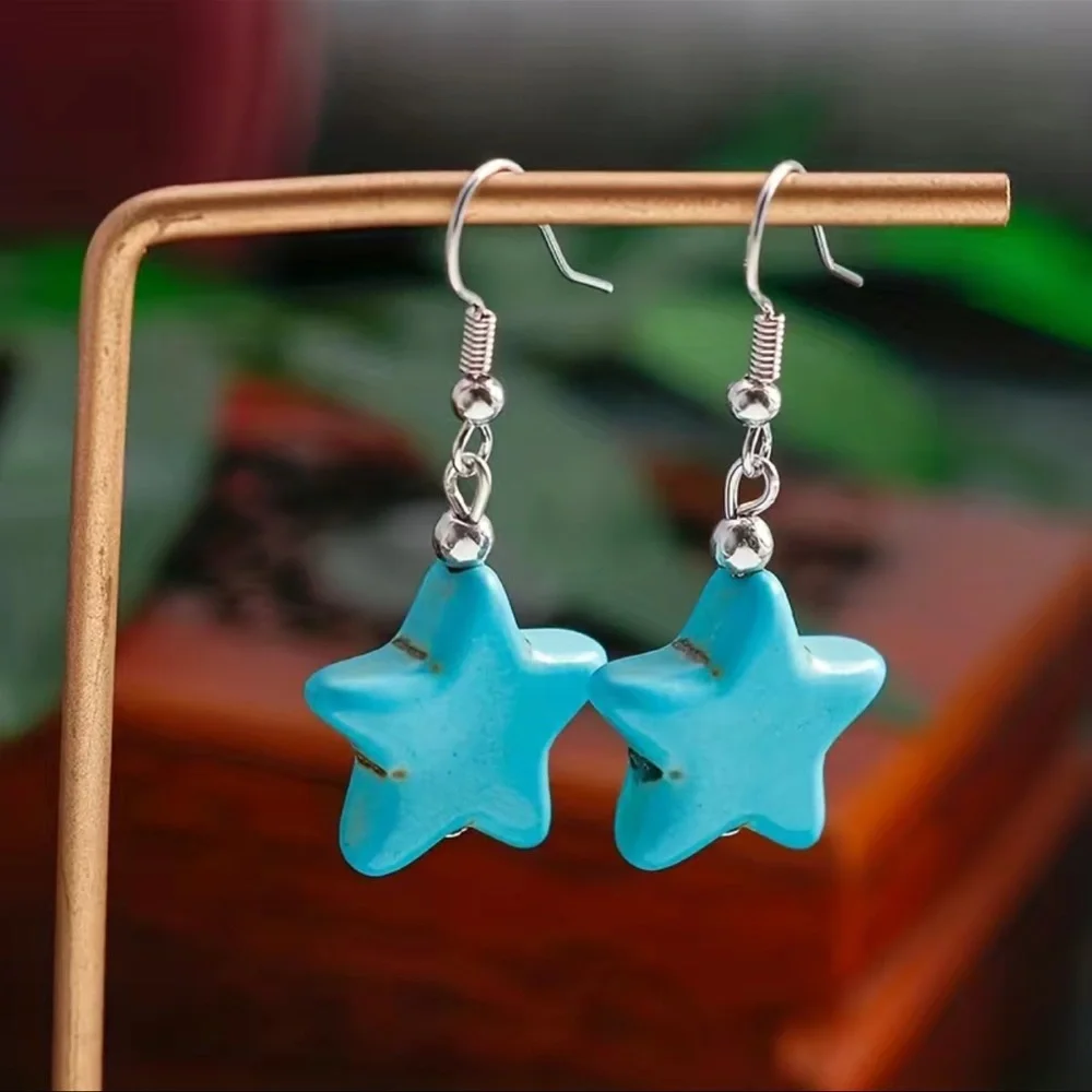New Handmade S925 Sterling Silver Boheme Natural Turquoise Carved Star Earrings
